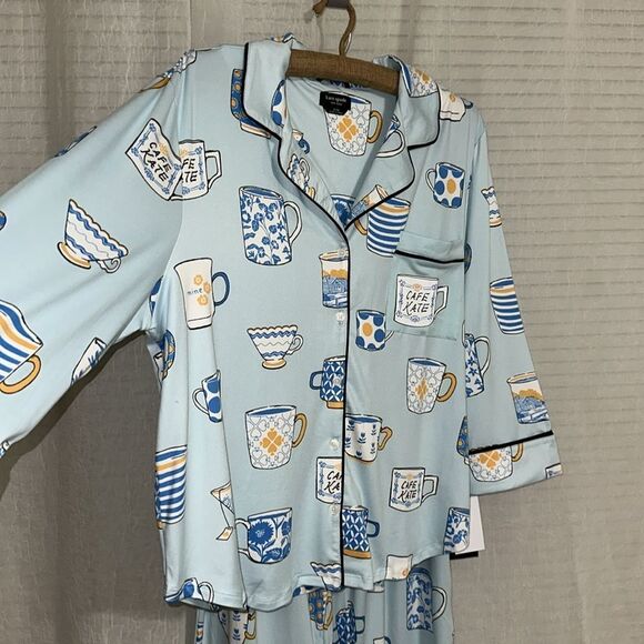 kate spade XLβLight Blue Tea Coffee Print Notch Collar 3/4 Sleeve Pants PJ Set - Picture 13 of 17